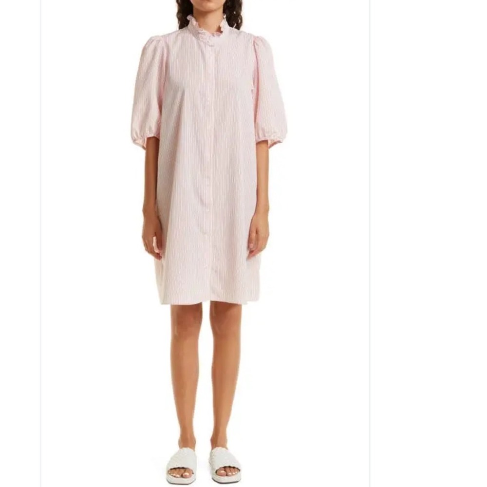 Samsoe Samsoe Suzia Dress Pink Pumpkin Stripe Puff Sleeve Ruffle Collar Size S
